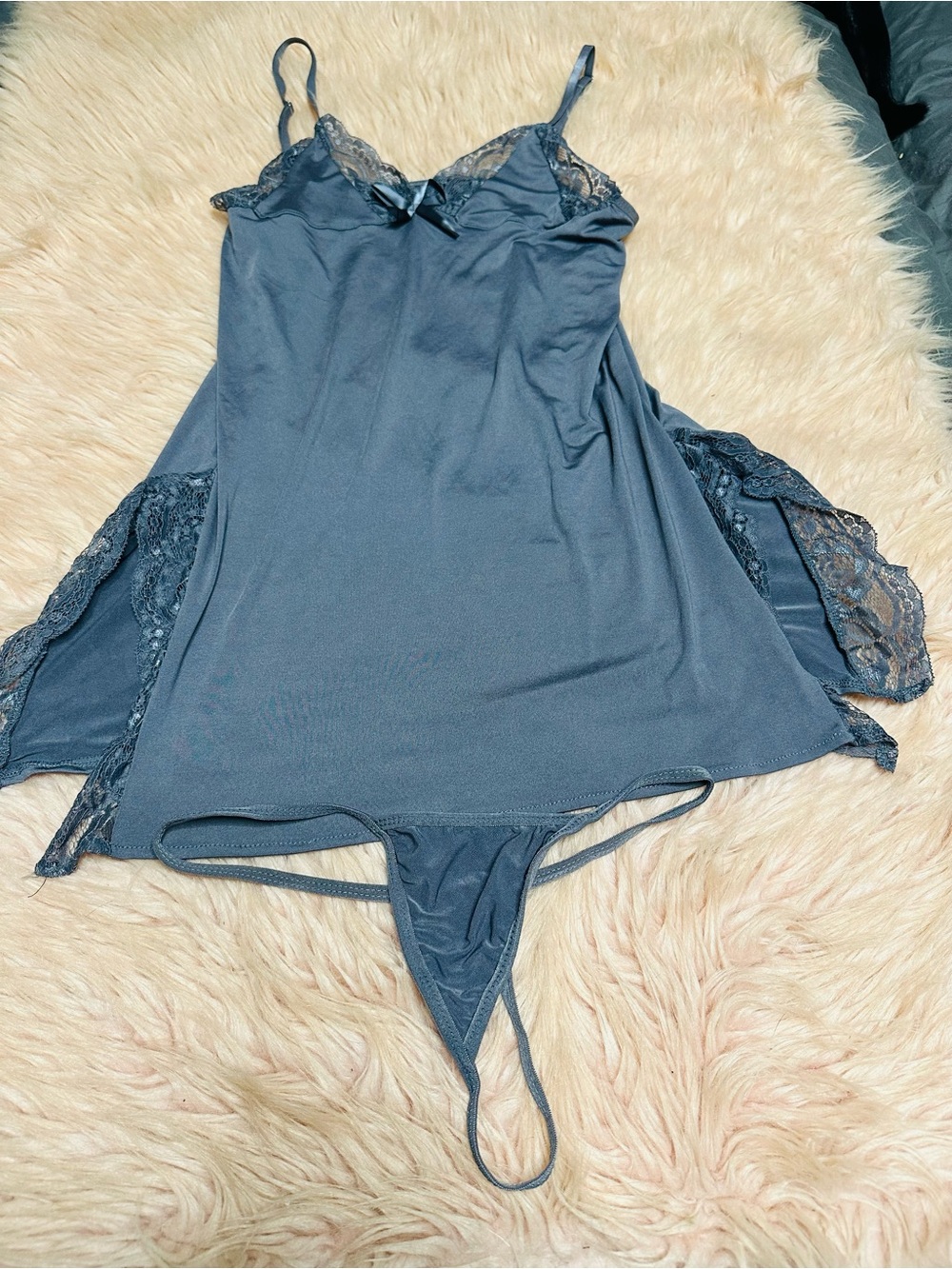 2-Piece Slate Blue Lace-Trim Babydoll Nightgown & G-String Set – Size XL